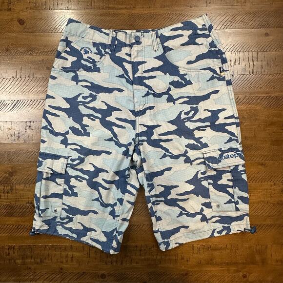 Vintage Y2K State Property Blue Gray Camo Baggy Shorts Skater Waist Size 34 - Picture 1 of 15